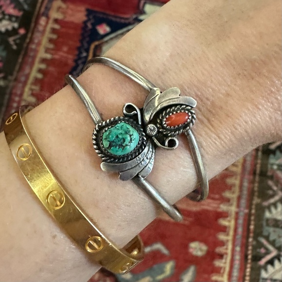 Jewelry - Vintage Signed Tony Aguilar Jr. Sterling Silver Turquoise & Coral Cuff Bracelet
